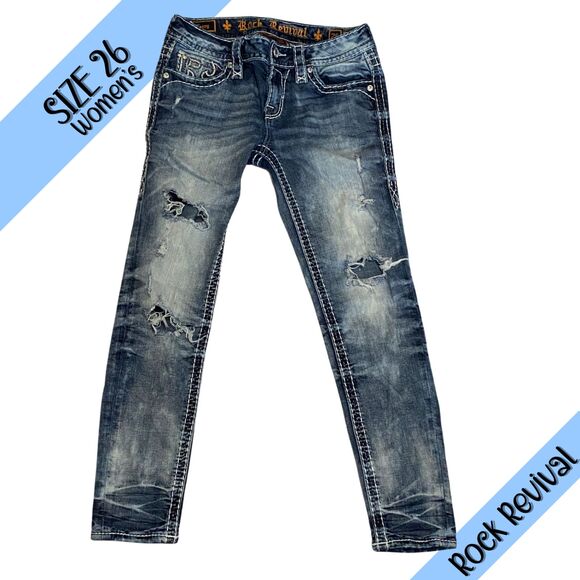 Rock Revival Distressed Ferry Ankle Skinny Jeans Bleach Wash Rhinestone Pockets - Picture 1 of 15